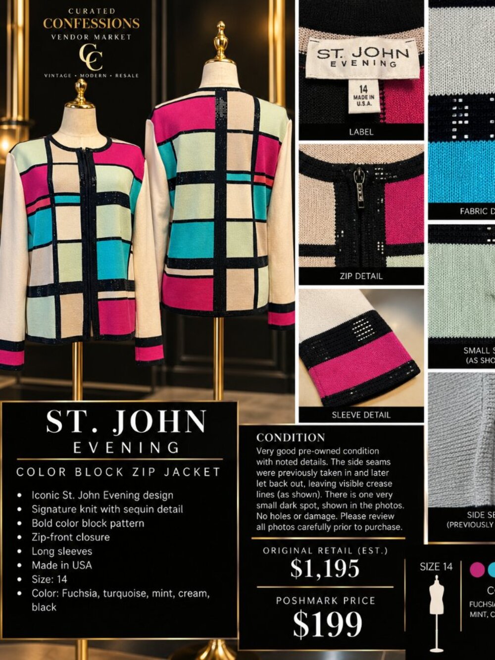 St. John Evening Color Block Knit Zip Jacket Sequin Trim Size 14 USA
